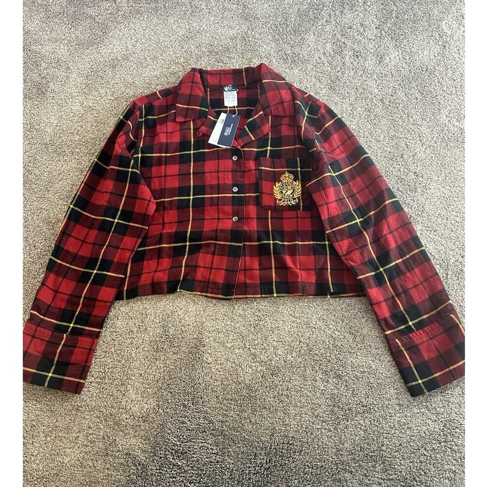 NWT NEW Lauren Ralph Lauren Flannel Plaid Pajama Shirt Top Women Size S Cropped